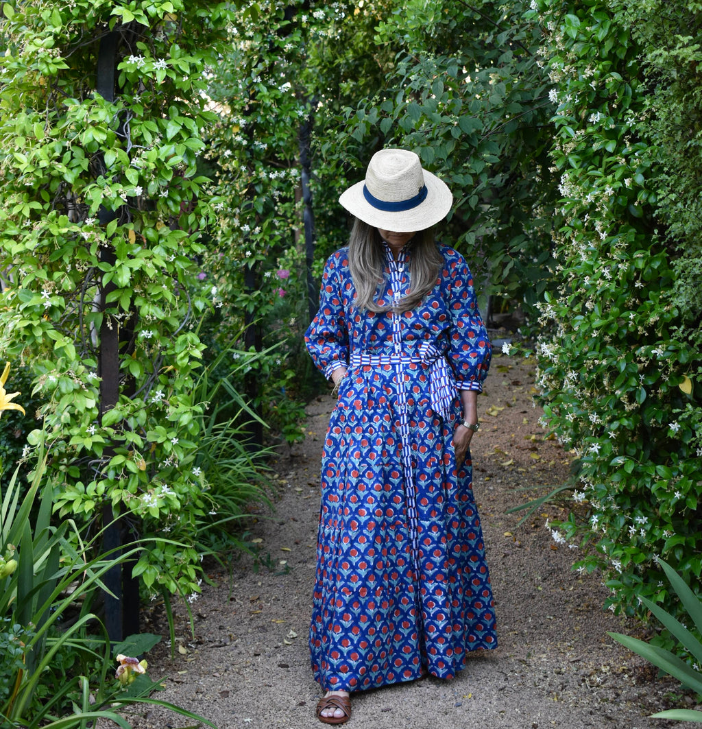 Vestido Paneles Vance Azul flores rojas