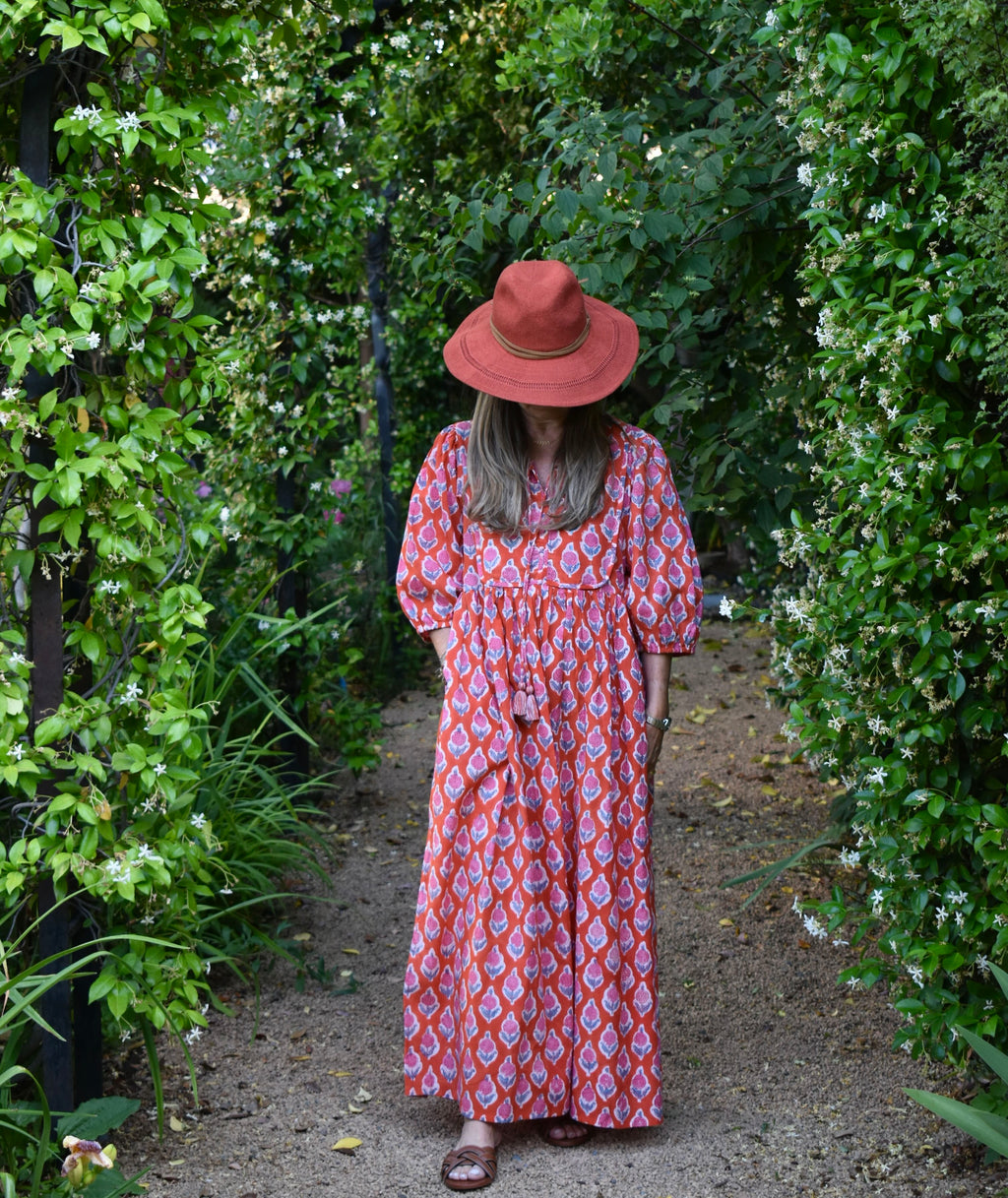 Vestido Bolero Cannes Naranjo/flores rosadas