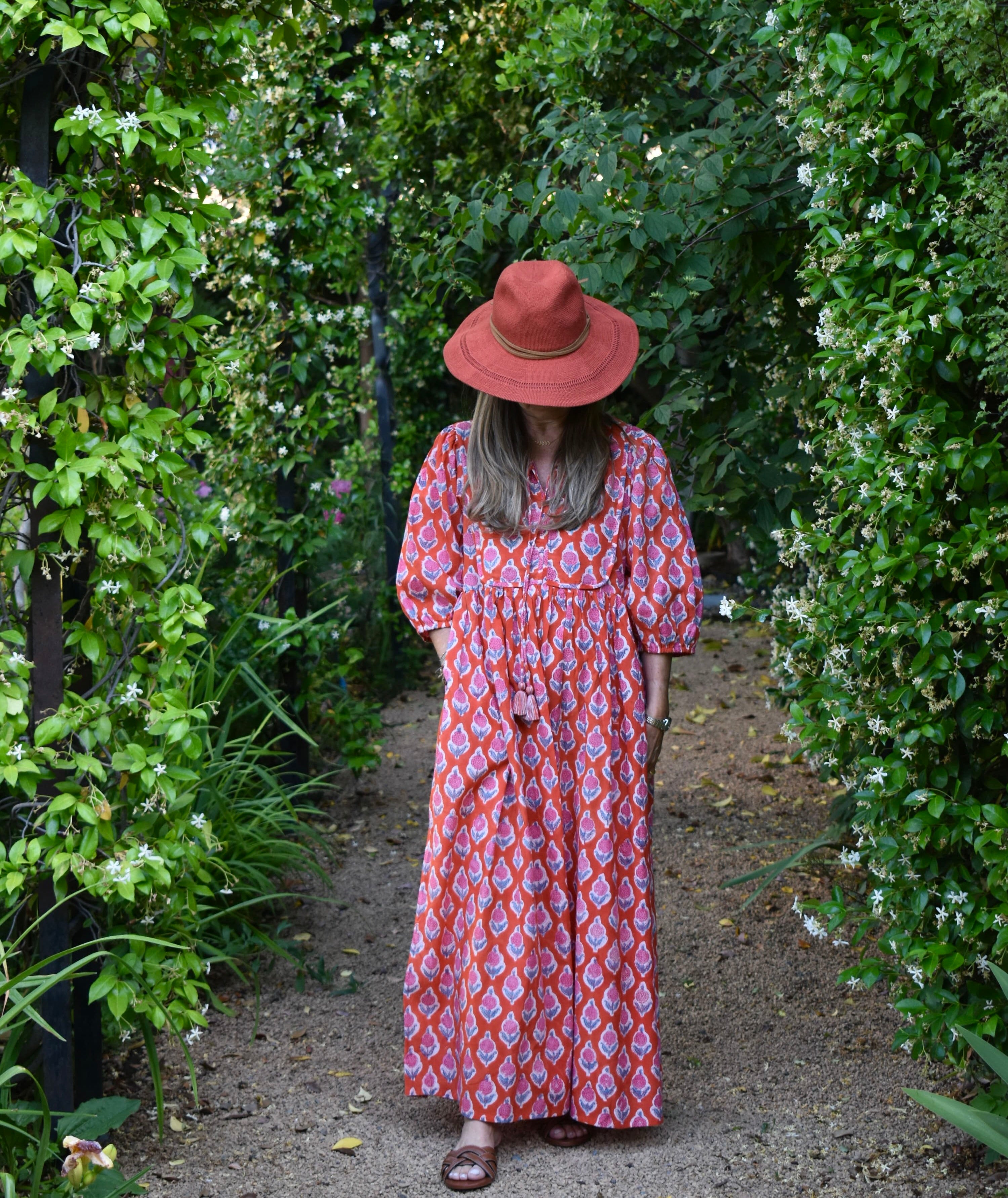 Vestido Bolero Cannes Naranjo/flores rosadas