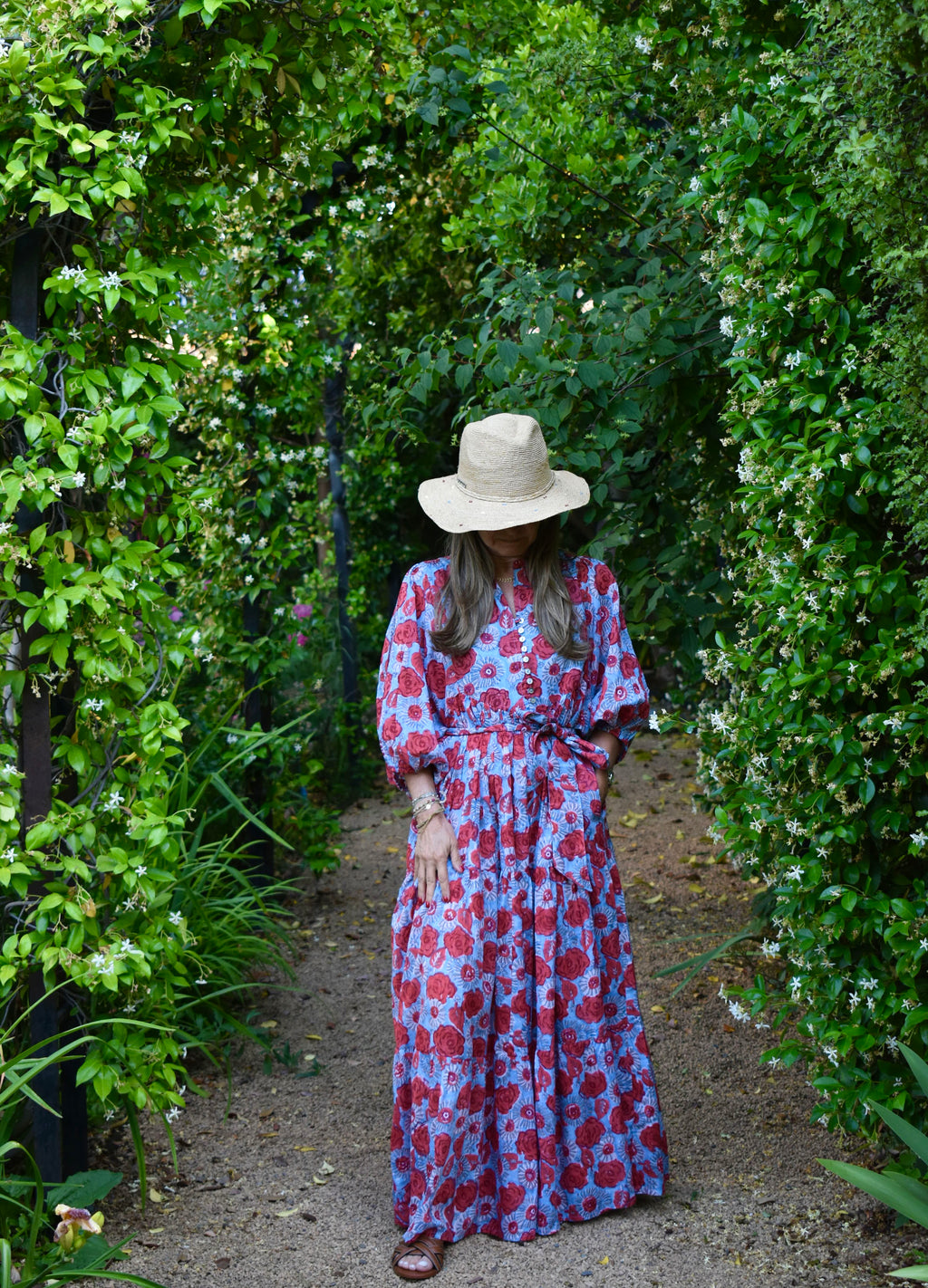 Vestido Manga Globo Niza Celeste/flores rojas