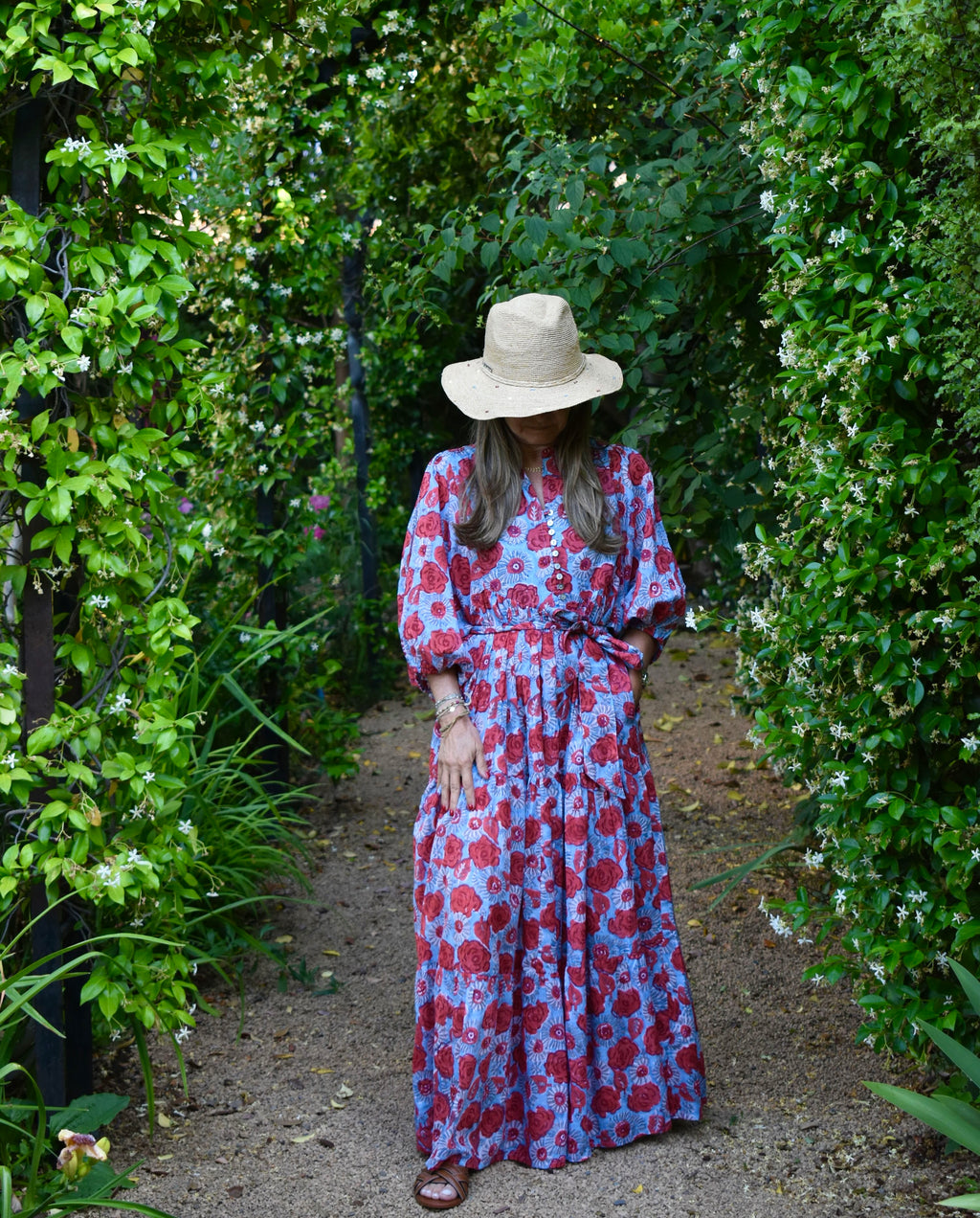 Vestido Manga Globo Niza Celeste/flores rojas