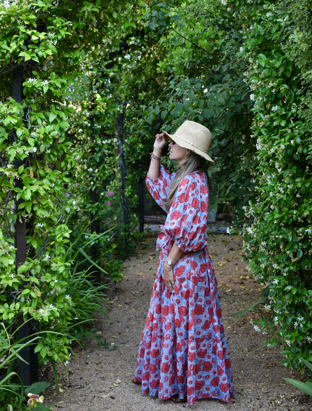 Vestido Manga Globo Niza Celeste/flores rojas