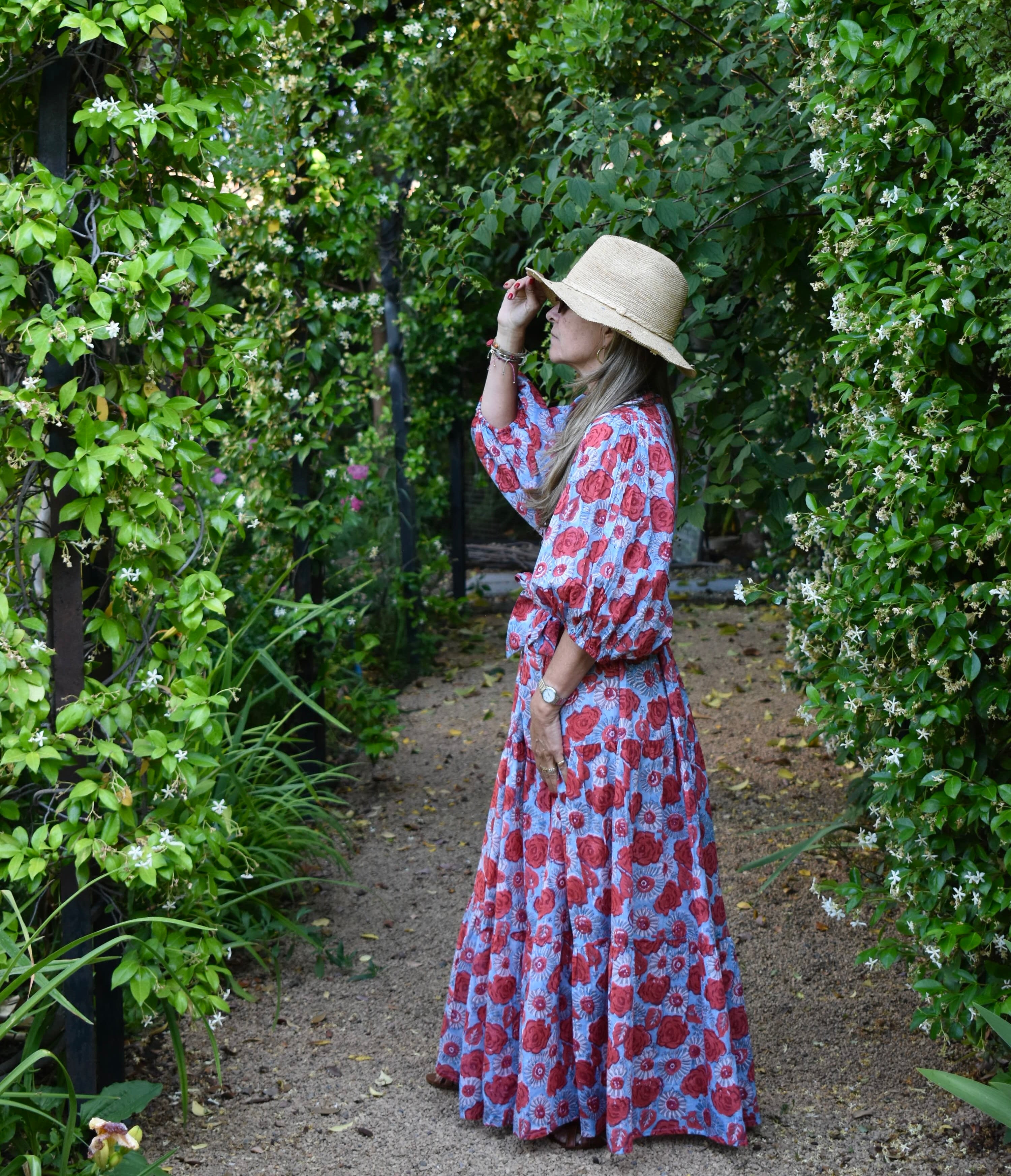 Vestido Manga Globo Niza Celeste/flores rojas
