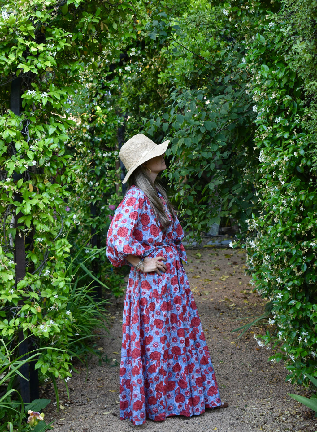 Vestido Manga Globo Niza Celeste/flores rojas
