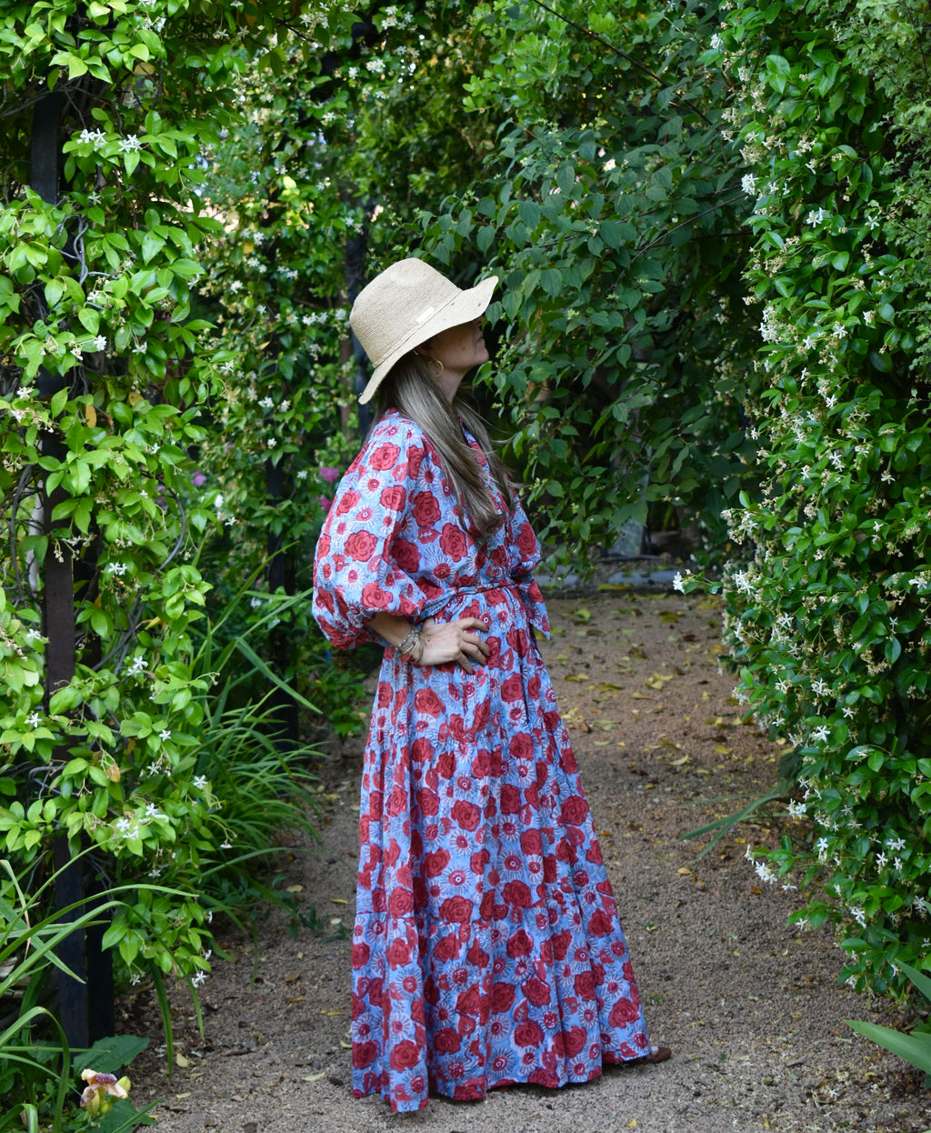 Vestido Manga Globo Niza Celeste/flores rojas